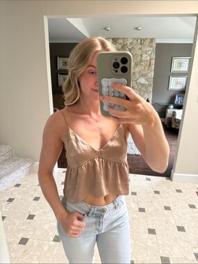 Little Moon Taupe Satin Spaghetti-Strap Peplum Cami